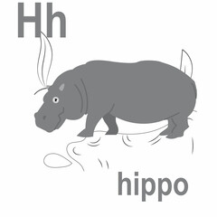 Cute clumsy giant hippo, jungle and savannah, ABC children's banner. Postcards, a poster with the alphabet.  Game room design. Vector