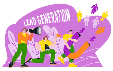 Leads generation marketing strategy concept, flat cartoon vector illustration isolated on white background. Marketing tools for customer retention increasing and Inbound technology.