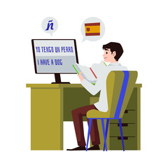 Man using online translator for Spanish learning, flat vector illustration isolated on white background.