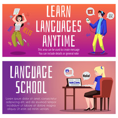 Obraz premium Language school and online courses banners or flyers, flat vector illustration.