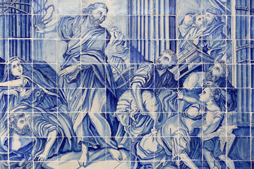 Azulejo in Bonfim church : Jesus driving the merchants out of the Temple