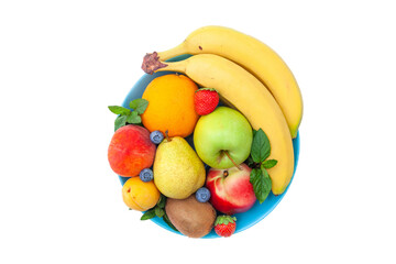 Plate with various fruits: bananas, strawberries, kiwi, apples, pears, nectarines, mint, blueberries
