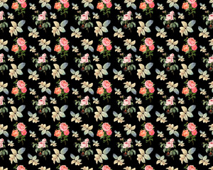 Seamless pattern of a bouquet of roses and leaves on a black background