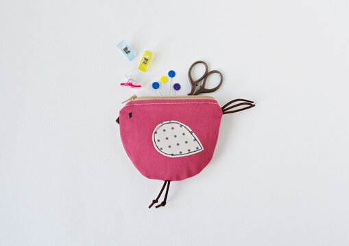 Cute bird zipper pouch, colorful craft clips, sewing pins and embroidery scissors