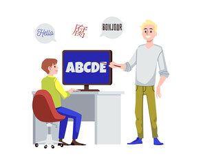 Language learning courses student and teacher flat vector illustration isolated.
