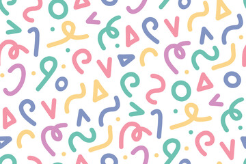 Seamless pattern background with bright cute memphis elements - lines, triangles, circles, swirls. Cute abstract childish print, texture, textile, wallpaper.