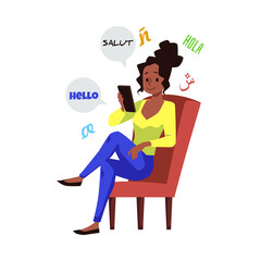Woman using multilingual app for language learning, flat vector isolated.
