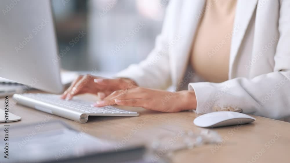 Aufkleber Closeup of a receptionist typing and sending emails while working in an office alone. One secretary doing admin and writing reports while organizing a schedule for her manager at work