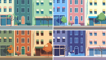 Cityscape at different times of year. Beautiful illustrations with city street.