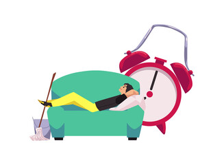 Sleepy and lazy man lies on the sofa instead of work, flat vector isolated.