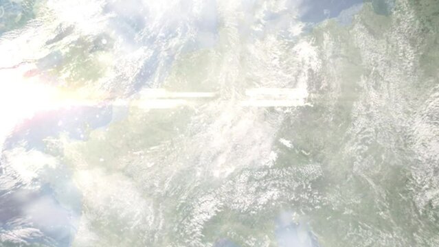Flight from Frankfurt Airport to Berlin with zoom from space and focus. 3D animation. Background for travel intro by plane. Images from NASA