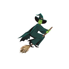 Cartoon wicked witch flying on broomstick