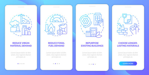 Net zero strategies blue gradient onboarding mobile app screen. Decarbonization walkthrough 4 steps graphic instructions with linear concepts. UI, UX, GUI template. Myriad Pro-Bold, Regular fonts used