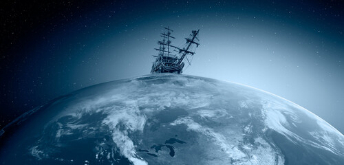 Sailing old ship over the Planet Earth 