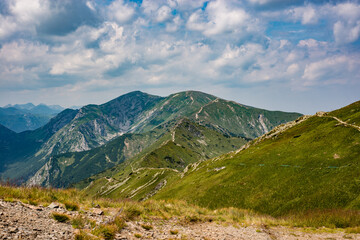 Fototapeta premium Beautiful view of the Tatra Mountains landscape. View of the mountains from the top. High mountain landscape.