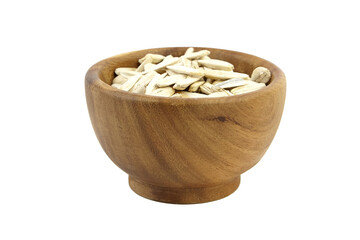 Dry sunflower seeds in wooden bowl isolated on white