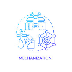 Mechanization blue gradient concept icon. Farm automation. Source of agricultural productivity abstract idea thin line illustration. Isolated outline drawing. Myriad Pro-Bold font used