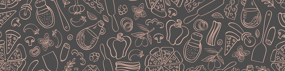 Seamless pattern with hand drawn pizza doodles. Italian food on gray background. Vector illustration. - obrazy, fototapety, plakaty