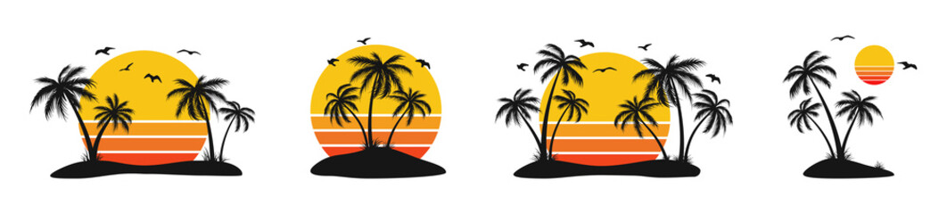 Retro sunset set with black palm tree silhouettes isolated on white background. Vector EPS 10