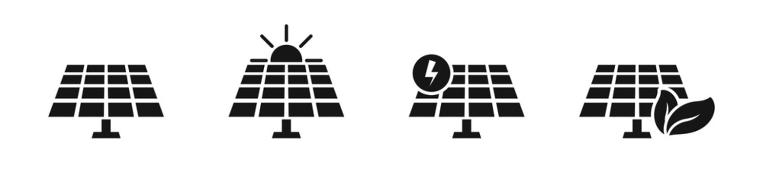 Solar Battery Icon Set. Solar Panel With Sun. Vector EPS 10