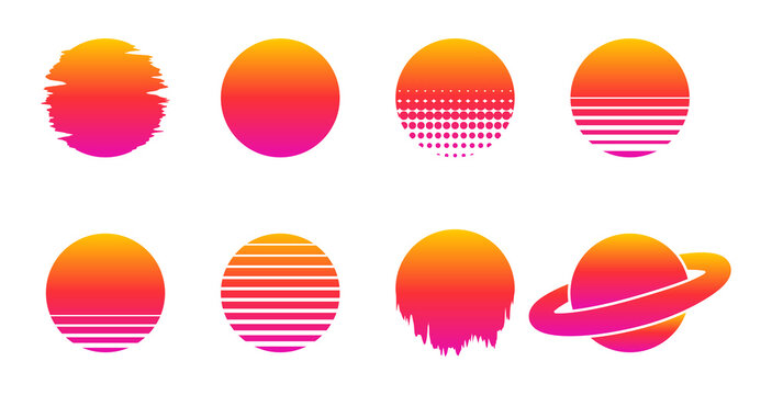 Retrowave sun set. Glowing outrun sun. Vector EPS 10