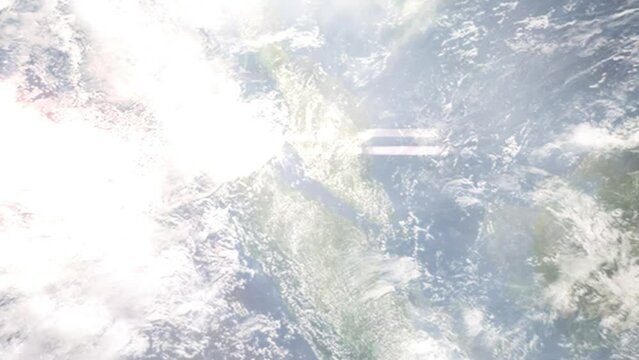 Flight from Kuala Lumpur Airport to Penang with zoom from space and focus. 3D animation. Background for travel intro by plane. Images from NASA
