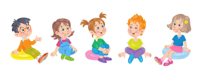 A group of funny little children are sitting on the floor. In cartoon style. Isolated on white background. Vector illustration.