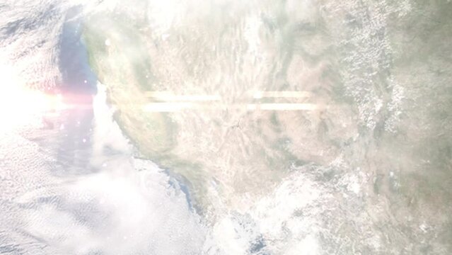 Flight from Las Vegas Airport to Los Angeles with zoom from space and focus. 3D animation. Background for travel intro by plane. Images from NASA