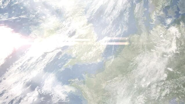 Flight from London Airport to Dubai with zoom from space and focus. 3D animation. Background for travel intro by plane. Images from NASA