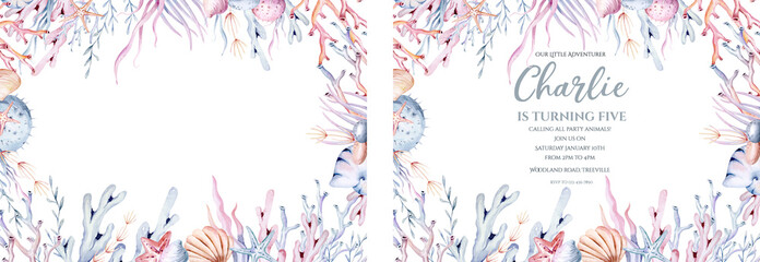 Underwater baby shower templates. Blue watercolor submarine ocean fish, turtle, whale and coral. Shell aquarium background. Nautical snorkeling, diving dolphin marine illustration, jellyfish, starfish