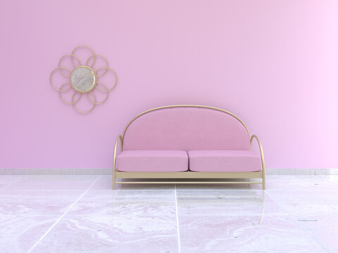 golden and pink sofa with decoration on the wall in a design interior