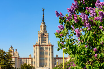 Naklejka premium Main building of Moscow State University in spring, Russia