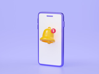 Notification bell on mobile phone screen 3d render.