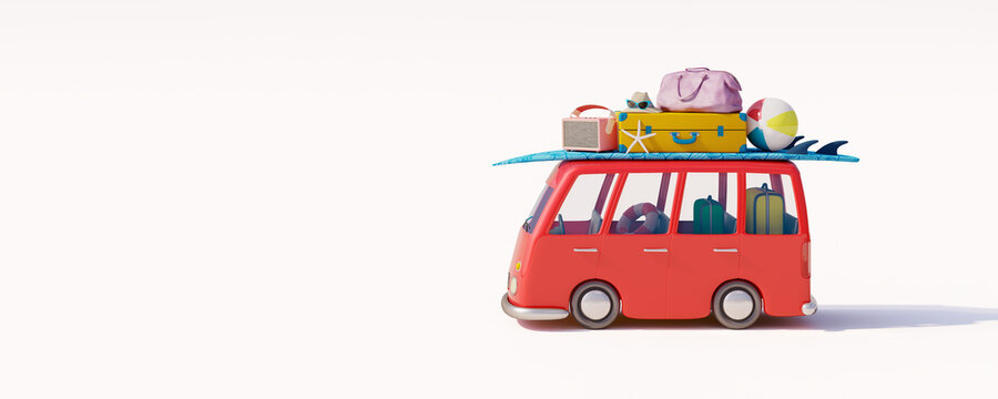 Bus with luggage and beach accessories ready for summer vacation. Creative summer travel concept on white background 3D Render 3D illustration