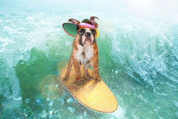 Collage with cute funny bulldog dog surfing on huge wave in ocean or sea on summer vacation over...