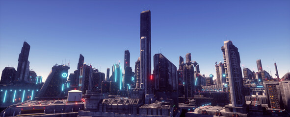 Neon urban future. Panorama of a futuristic city. Wallpaper in a cyberpunk style. 3D illustration. Huge futuristic skyscrapers glowing with neon light against the background of the clear blue sky.