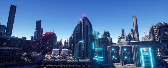 Neon urban future. Panorama of a futuristic city. Wallpaper in a cyberpunk style. 3D illustration. Huge futuristic skyscrapers glowing with neon light against the background of the clear blue sky.