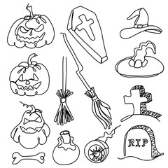 Obraz premium Set of halloween design elements. Broom, witch hat, coffin,grave and others. Traditional Halloween symbols. One line art illustration