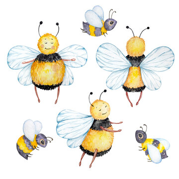 Watercolor honey set, different honey bees