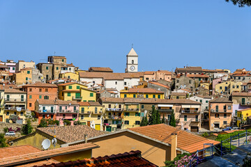 Naklejka premium Capoliveri, Elba, Insel, Altstadt, Bergdorf, Kirche, Santa Maria, Assunta, Kirchturm, Häuser, Dächer, Sommer, Toskana, Toskanischer Archipel, Italien