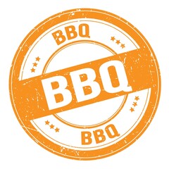 BBQ text written on orange round stamp sign