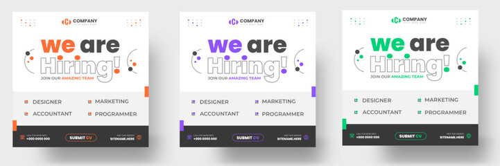 We are hiring job vacancy social media post banner design template with green, orange and purple color. We are hiring job vacancy square web banner design.