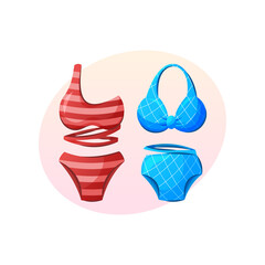 Red and blue women swimsuits vector cartoon illustration. Summer beach vacation clothes, trendy bikini concept.