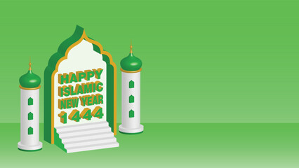 Happy Islamic New Hijri Year 1444 with 3D Green Mosque Silhouette and copy space isolated on Green Background. Islamic New Year 1444 Hijriyah 3D Text Effect.