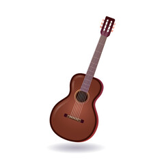 Parlor guitar in dark brown color. Acoustics. Musical instrument in cartoon style. Stage entertainment equipment for musicians. Colorful vector art isolated on white background.