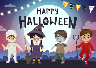 Halloween kids dressed up in costumes. Cute cartoon children on halloween night party.