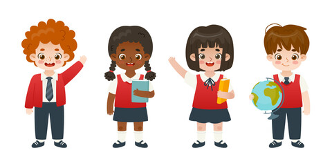 Set of cute school children in uniform. Happy diverse cartoon students. Adorable pupils collection.