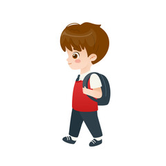 Cute little boy goes to school. Cartoon cute student walk with backpack. Adorable pupil in uniform.