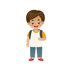 Happy little school boy show thumbs up. Cartoon cute student with backpack. Adorable pupil in usual clothes.