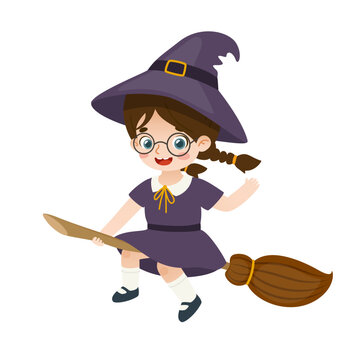 Cute little witch girl flying on the broomstick. Adorable child in halloween witch costume with broom.